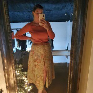 PERUVIAN CONNECTION/ 100% Pima cotton square neck long sleeve S knit salmon